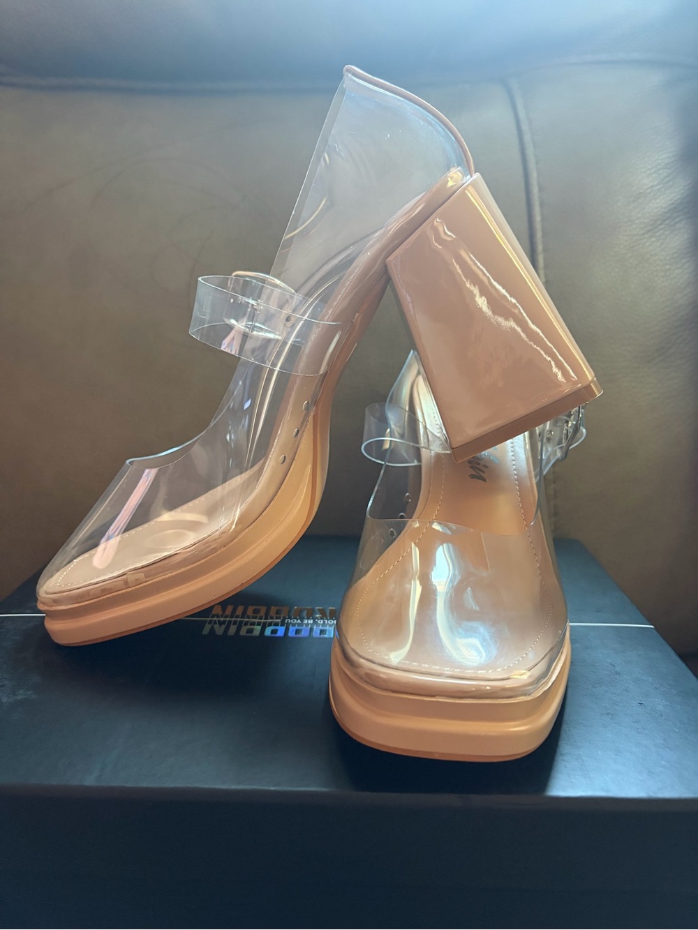 Clear Strap Nude Block Heel Sandals - Women